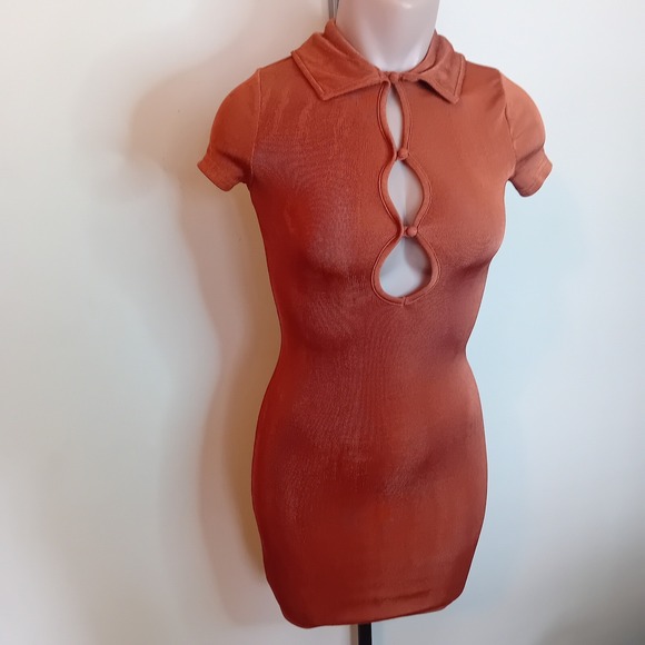 Urban Outfitters Rust Orange‎ Ribbed Mini Dress Bodycon Keyhole Short Sleeve XS - Picture 3 of 16